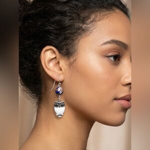 Artisan White Owl Hand Wrapped Wire Blue Cloisonné Earrings